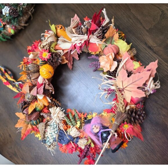 Handcrafted Fall Wreath With Mini Scarecrow & Witch Decor Straw Base Autumn Leav - Picture 1 of 14